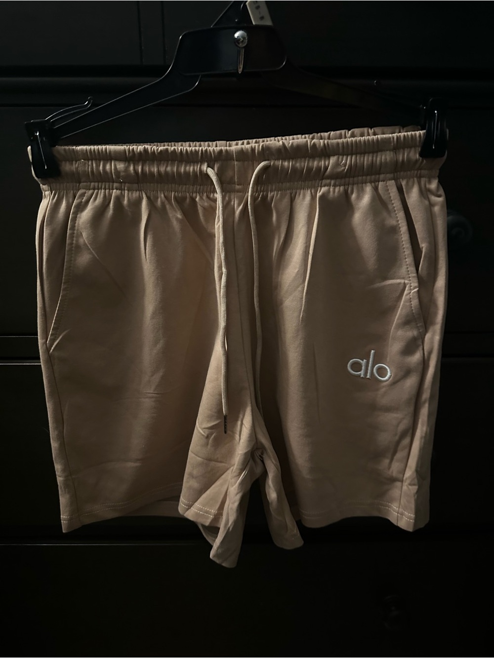 ALO Yoga Tan Shorts with White Embroidered Logo